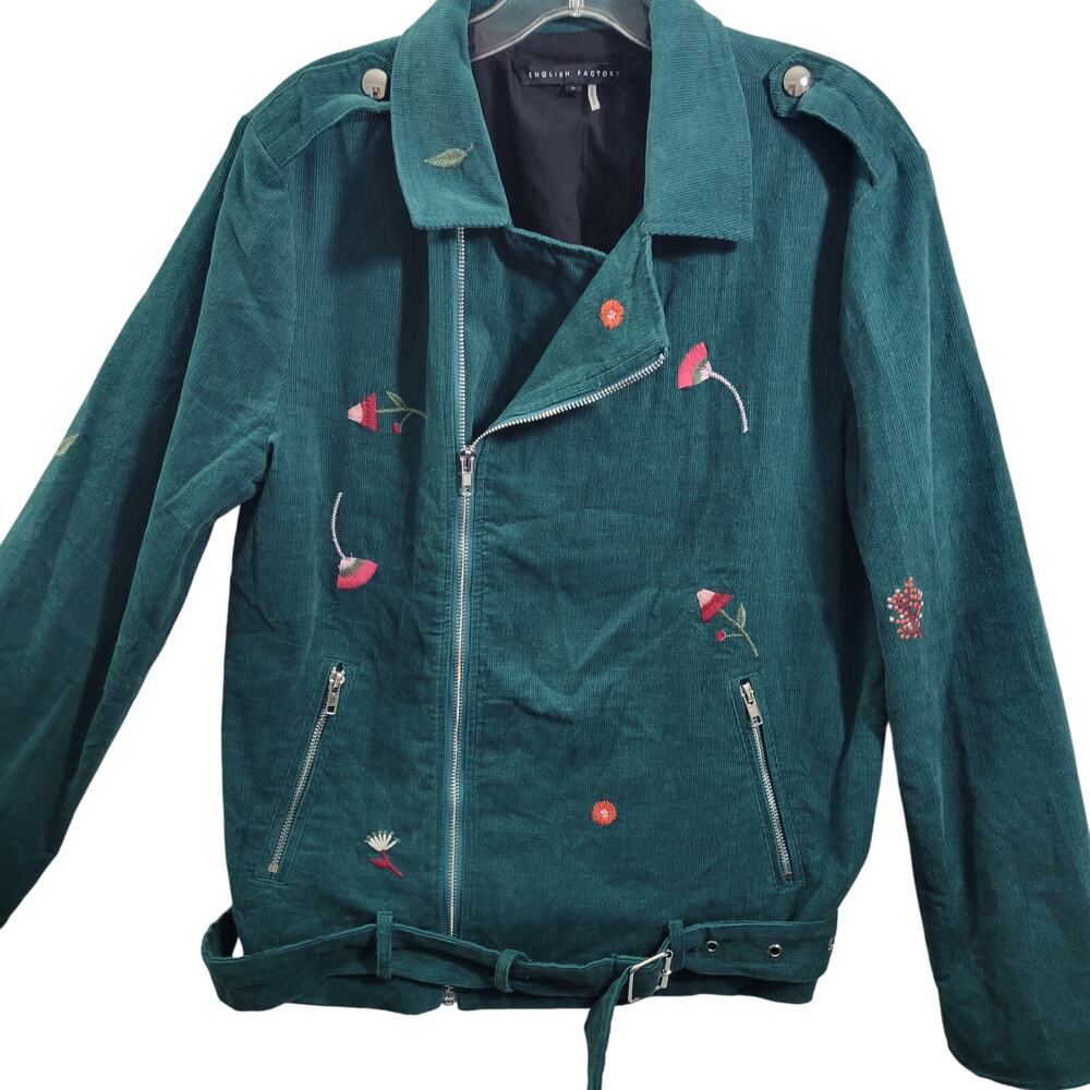 English Factory Green Corduroy with Embroidered Flowers Jacket Size L 11523-0481 - Picture 2 of 9